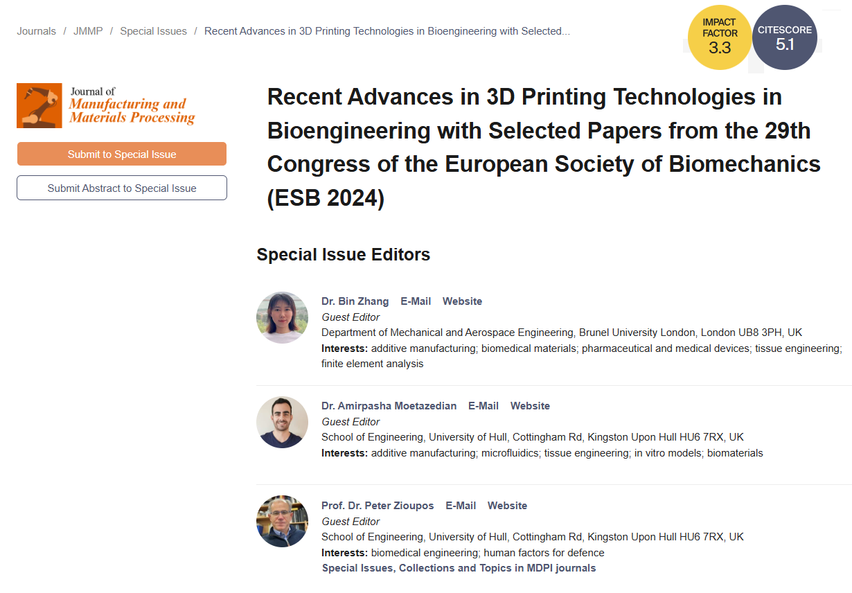 Special issue  on  'Recent Advances in 3D Printing Technologies in Bioengineering’ for the Peer review Journal of Manufacturing and Materials Processing 2024-2025